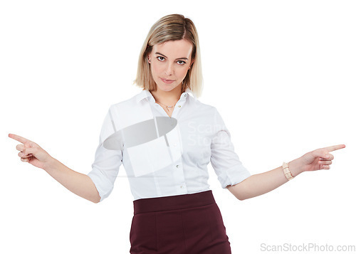 Image of Business woman, hands point and portrait of a corporate worker white isolated white background. Direction hand gesture, model and standing female with corporate clothes and style with mockup