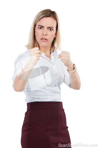 Image of Portrait, fight and woman with anger, fist and person isolated on white studio background. Young female employee, lady and gesture for fighting, argue and angry with attitude, warning and threatening