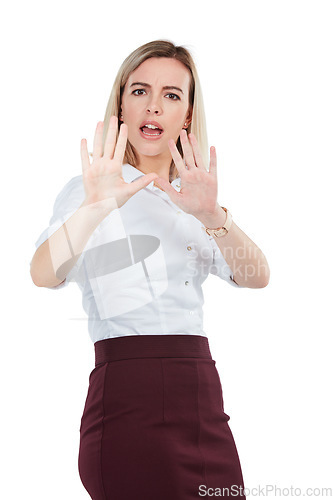 Image of Warning, stop and portrait of a woman with hands isolated on a white background. Unhappy, frustrated and angry girl with a hand gesture for stopping, defending or problem on a studio background