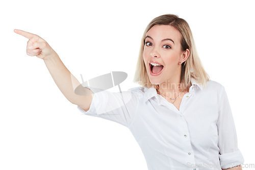 Image of Advertising, promotion and woman pointing finger on a white background for deal, discount and promo sign. Mockup, display and hand gesture of isolated girl for presenting, sale news and announcement