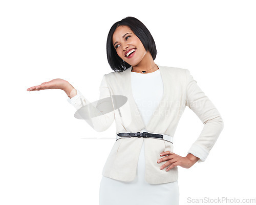 Image of Display, promotion and black woman on a white background with hand for deal, discount and sign. Mockup, advertising and isolated girl with gesture for presenting, information and product placement