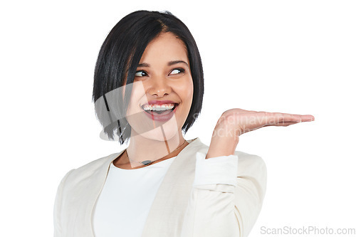 Image of Advertising, hand promotion and black woman on a white background for deal, discount and sign. Mockup, showing display and isolated girl with gesture for presenting, promo news and product placement