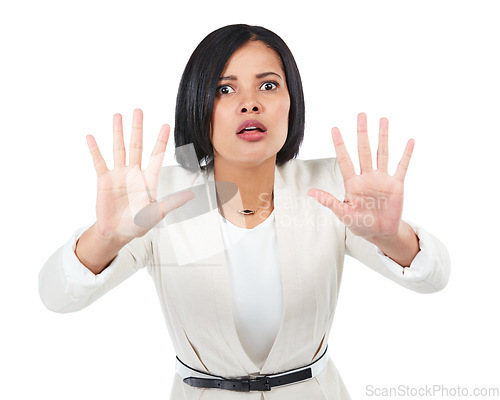 Image of Scared, stop and portrait of a woman in a studio with a fear, shock and terrified facial expression. Defense, warning and female model with hand gesture or body language isolated by white background.