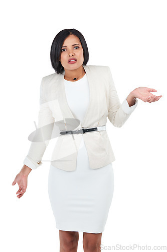 Image of Corporate studio portrait, black woman and question with hand gesture by white background with style. Isolated manager, business leader and profession with confused hand sign for workplace problem