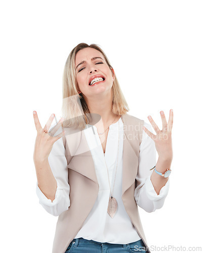 Image of Stress, woman and frustrated hand gesture, portrait of isolated person crying on white background. People with mental health problem in studio with burnout and sad woman with hands up in frustration.