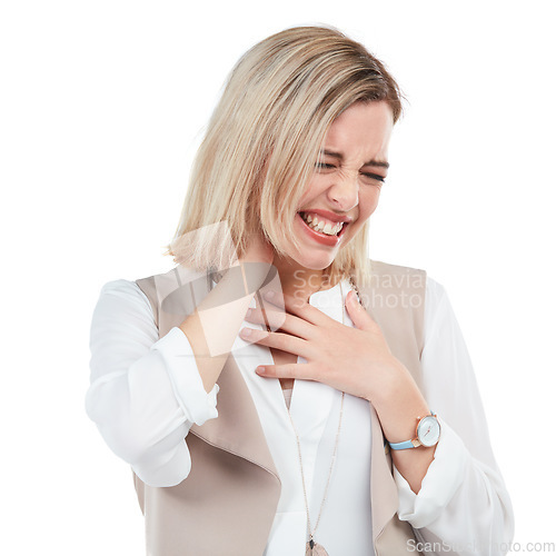 Image of Neck pain, injury and woman in a studio with a medical emergency, muscle tension or discomfort. Stress, sore and female model with hurt or uncomfortable muscles or spine isolated by white background.