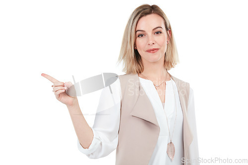 Image of Pointing finger, advertising and woman on a white background for deal, discount and sign. Mockup, display and isolated girl with hand gesture for presenting, promo information and product placement