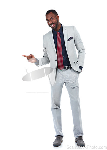 Image of Portrait, young or businessman pointing finger on isolated white background at marketing space or advertising mockup. Smile, happy or corporate worker with showing hands gesture at mock up sales deal