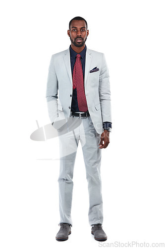 Image of Businessman, success and CEO with portrait and corporate boss, leadership and vision isolated on white background. Black man, black business and professional with executive, career goals with mindset