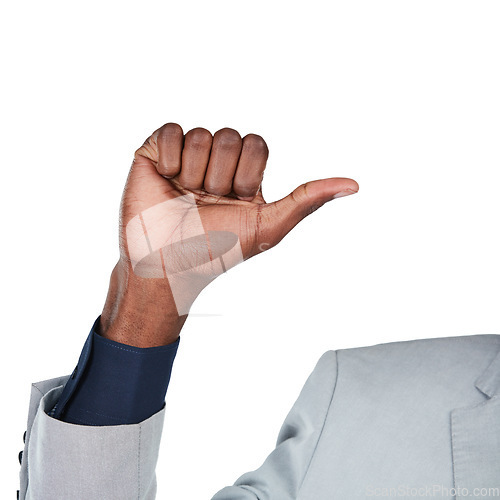 Image of Business man, hand and pointing finger sign for choice mockup isolated on white background. Hands of male entrepreneur show symbol, emoji or gesture communication for vote and option in studio