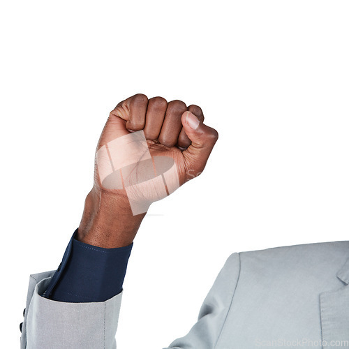 Image of Black man, hand and fist in empowerment, equality or business motivation of human rights and black lives matter. Zoom, corporate worker and solidarity gesture in support on isolated white background
