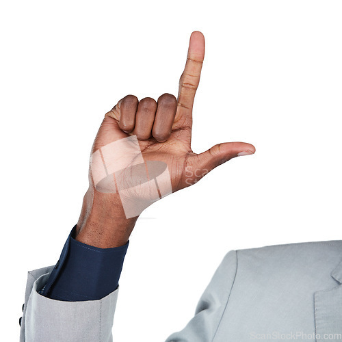 Image of Black man, hand and pointing sign for business mockup isolated on white background. Hands of male entrepreneur show symbol, emoji or vote communication for advertising space for promo deal on logo