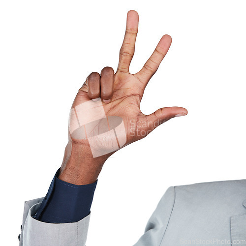 Image of Business man, hand and number three sign isolated on white background for communication. Hands of male entrepreneur show signal, emoji or gesture to countdown for success, sale or time in studio