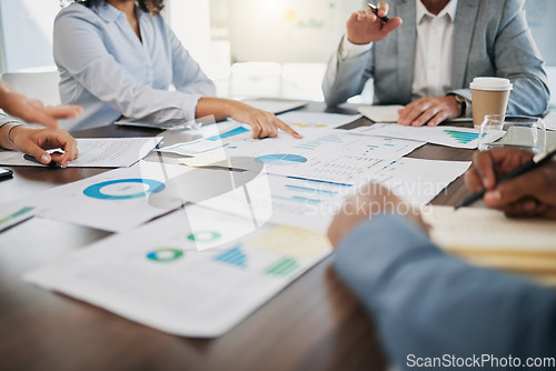 Image of Documents, meeting and startup team in workshop for kpi strategy, planning or financial project for startup business. Accounting, paperwork and graphs and charts for target, goals or audit research.