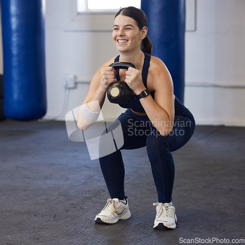 Image of Fitness, exercise and woman doing weight lifting in gym for healthy lifestyle, wellness and cardio. Sports, kettlebell and girl for bodybuilder training for strong muscles, performance and workout