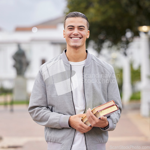 Image of Study, books and student portrait at university, college or campus for research, knowledge and scholarship motivation. Happy young man with outdoor learning for exam, studying and reading inspiration