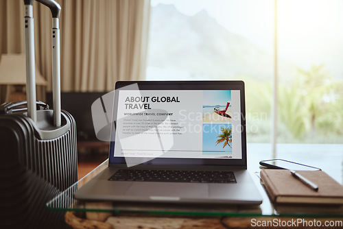 Image of Online travel website, about us and laptop with business information about brand company service, contact us or vacation site. Ecommerce, digital marketing and hotel room with luggage and notebook