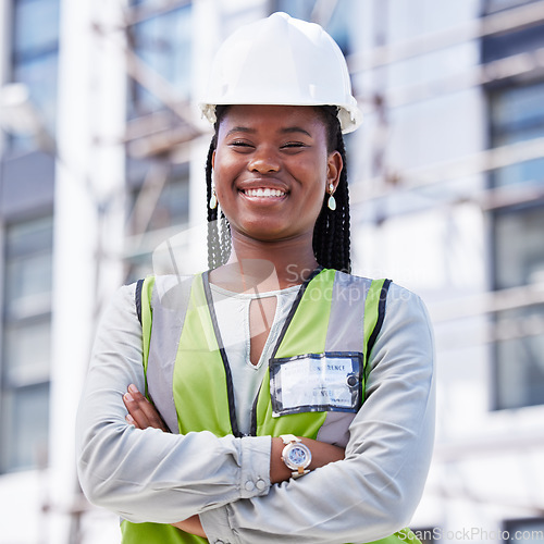 Image of Architecture, project management and portrait of black woman at construction site for civil engineering, designer and building inspection. Industrial, vision and goal with construction worker