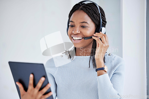 Image of Business woman, digital tablet or call center headset in contact us help, customer support sales or b2b consulting app. Smile, happy or receptionist worker with technology on CRM office communication
