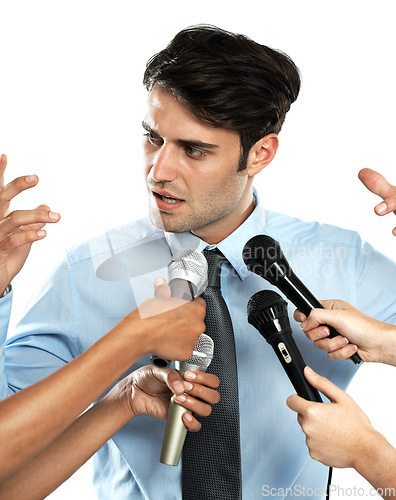 Image of Reporter, studio microphone and interview for businessman, government worker or corporate speaker. Speech, communication and hands of news journalist asking question to politician on white background