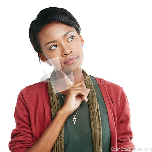 Image of Thinking, planning and black woman in studio for creative, strategy and planning on white background. Mindset, girl and design contemplation by casual designer brainstorming idea, goal and isolated