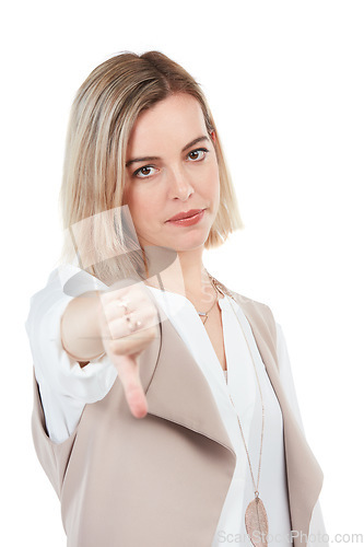 Image of Vote, thumbs down and portrait of woman unhappy or disappointed opinion isolated on white background. Bad review, dislike and angry person or people with thumb down hand gesture or sign in studio.