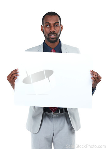 Image of Portrait, businessman or paper poster for marketing space, advertising mockup or promotion mock up. Corporate worker, banner or blank billboard sign on isolated white background for about us branding