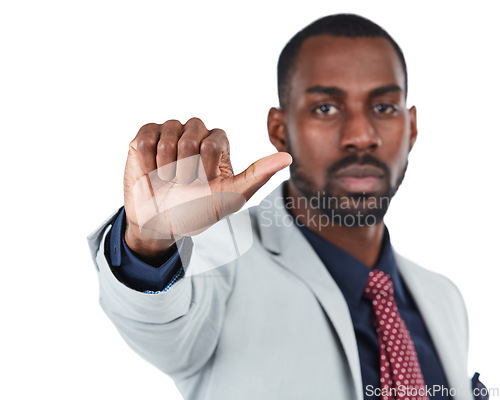 Image of Portrait, thumbs up or sign language with a business black man in studio isolated on a white background. Hand, gesture and decision with a male employee on blank space for a review or feedback