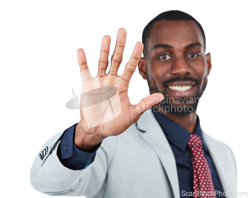 Image of Portrait, business and black man wave, welcome and guy isolated on white studio background. Employee, African American male and entrepreneur with gesture, greeting and happiness on studio backdrop