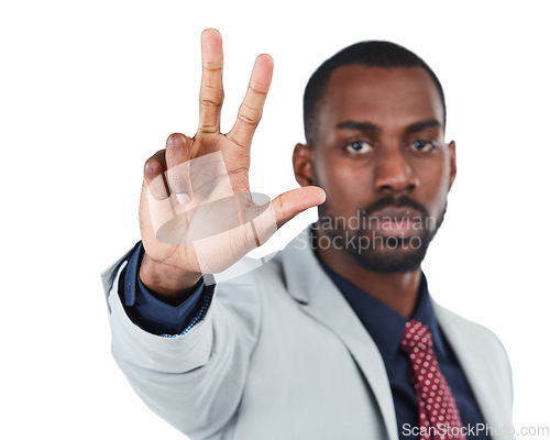 Image of Business man, three hand sign and portrait of a corporate employee in a professional suit. Serious face, white background and isolated worker black man model showing numbers with hands and mock up