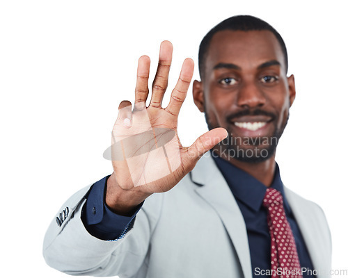 Image of Black man, business portrait and hand to show fingers, sign or numbers isolated on white background. Hands of male entrepreneur show symbol, emoji or gesture communication for counting four in studio