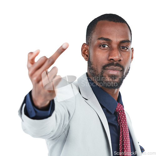 Image of Portrait, hand and middle finger with a business black man in studio isolated on a white background. Face, emoji or rude and a male employee on blank space with a bad, negative or serious attitude