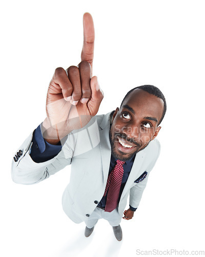 Image of High angle, businessman and pointing up on isolated white background, marketing space and advertising mockup. Smile, happy and corporate worker in creative pov with showing hands gesture on mock up