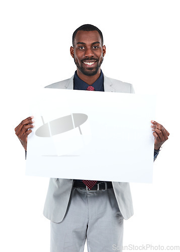 Image of Portrait, businessman or mockup poster of marketing space, advertising paper or promotion mock up. Happy corporate worker, banner or blank billboard on isolated white background for about us branding