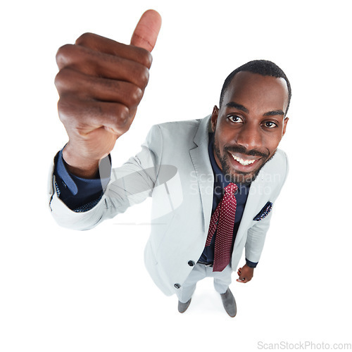 Image of High angle, portrait or businessman and thumbs up on isolated white background, marketing space or advertising mockup. Smile, happy or corporate worker with like, success emoji or winner hand gesture