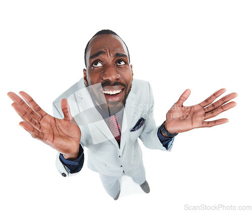 Image of High angle, perspective or confused businessman on isolated white background, marketing space or advertising mockup. Thinking, curious and doubt for corporate worker with question emoji face or hands