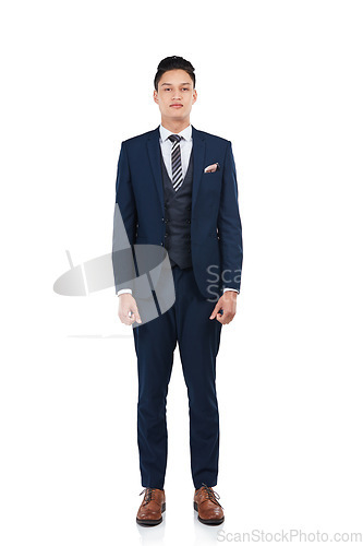 Image of Asian, businessman or portrait on isolated white background for about us, profile picture or corporate ID. Worker, employee or intern on marketing mockup, advertising space or studio backdrop mock up