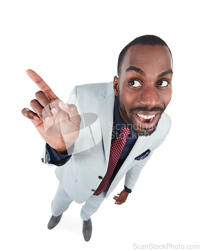 Image of High angle, businessman or excited pointing finger on isolated white background, marketing space or advertising mockup. Smile, happy and curious corporate worker, creative pov or showing hand gesture