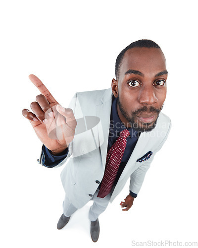 Image of High angle, portrait or pointing businessman on isolated white background, marketing space or advertising mockup. Thinking, curious and corporate worker face in creative pov with showing hand gesture