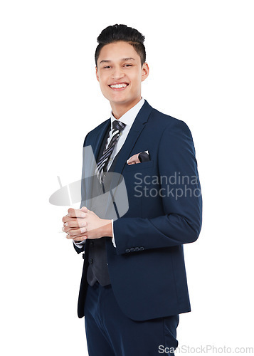 Image of Businessman, portrait or hands clasped on isolated white background in about us, profile picture or corporate ID mockup. Asian worker, employee or ready gesture on marketing mock up for job interview