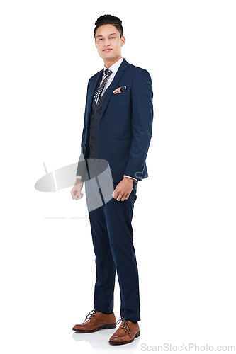 Image of Asian, businessman or suit portrait on isolated white background in about us, profile picture or corporate ID. Worker, employee or confidence on marketing mockup, advertising space or studio mock up