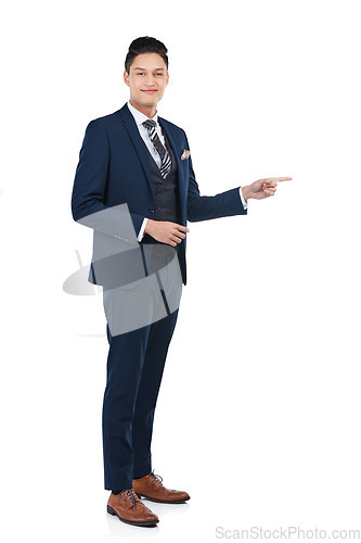 Image of Smile, portrait or pointing businessman on isolated white background, marketing space or advertising mockup. Happy, asian and corporate worker face with show hand gesture at financial investment deal