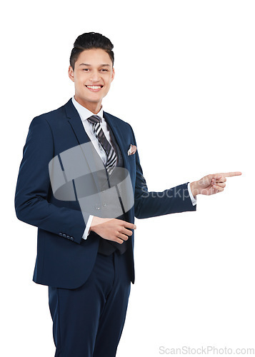 Image of Happy, portrait or pointing businessman on isolated white background, marketing space or advertising mockup. Smile, asian and corporate worker face with show hand gesture at financial investment deal