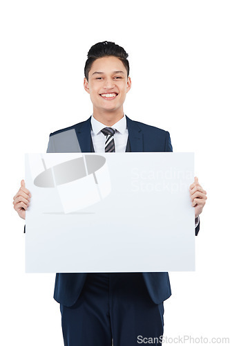 Image of Portrait, happy worker and poster mockup for marketing paper space, advertising mock up and promotion. Corporate businessman, banner and blank billboard sign on isolated white background for branding