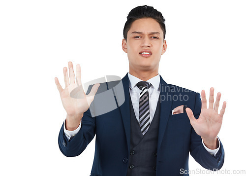 Image of Businessman, stop hands and safety portrait for warning, wait and forbidden hand gesture isolated in white background. Man, corporate angry face and employee pause hand or body standing in studio