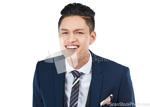 Image of Portrait, businessman or curious facial expression on isolated white background in huh, what or question emoji. Smile, happy or confused corporate worker and ideas, vision or innovation and listening