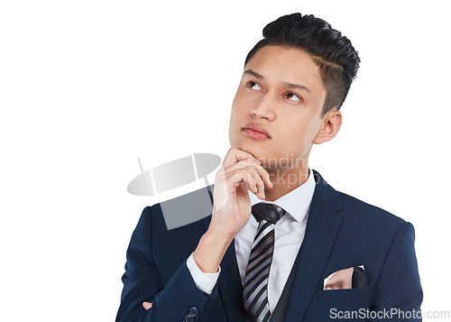 Image of Businessman, thinking and standing isolated on a white background in thought for idea or decision. Business male, person or man model contemplating strategy, wondering or deciding for a solution