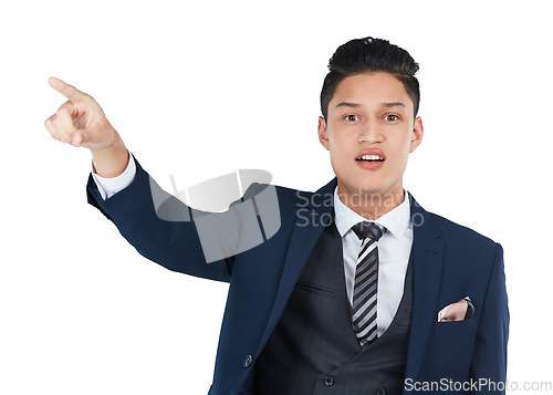 Image of Businessman portrait, curious or pointing on isolated white background, marketing space or corporate advertising mockup. What, question or confused worker and showing hand gesture at interesting deal