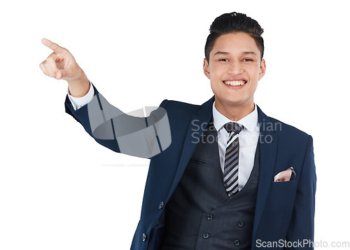 Image of Happy, portrait or pointing businessman on isolated white background, marketing space or advertising mockup. Smile, asian or corporate worker with showing hands gesture for financial investment deal