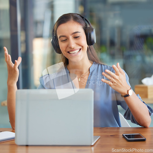 Image of Zoom meeting, startup video call woman with laptop for teamwork, comic marketing planning or collaboration. Consulting, happy employee with smile for internet webinar, virtual or consultation service